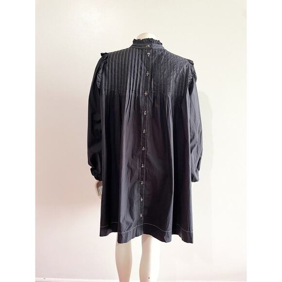 Ganni Women's Black Pintucked Cotton-Poplin Contrast Stitch Dress Size 36 Small - Picture 11 of 16